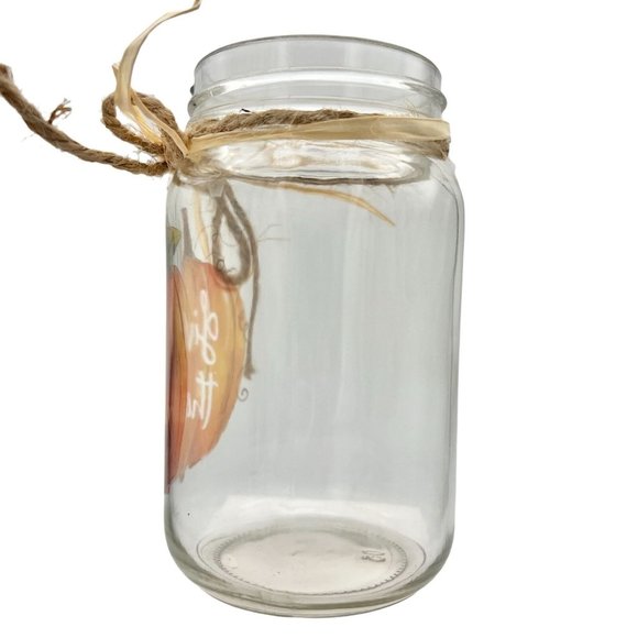 Jar Vase 5.5 x 3 Clear Give Thanks Pumpkin Straw String Bow New - Picture 3 of 7